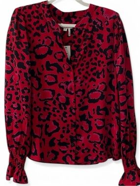 DKNY Women’s Red/Black/Pink Leopard Print Button-Front Blouse Size Large